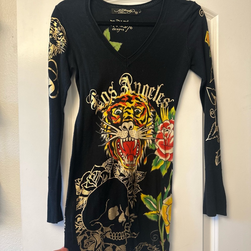 Ed Hardy Black Dress with Tiger and Floral Graphics